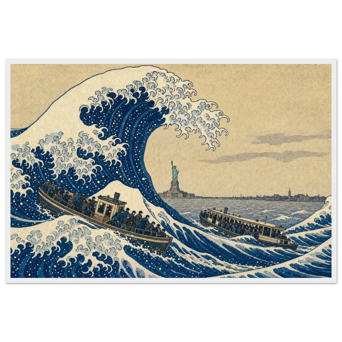 The Great Wave off Manhattan — framed fine art print of a towering blue wave over two crowded harbor ferries with the Statue of Liberty small beyond, in a white frame