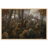 Framed print of a Revolutionary ambush in the northern woods, ready to hang.