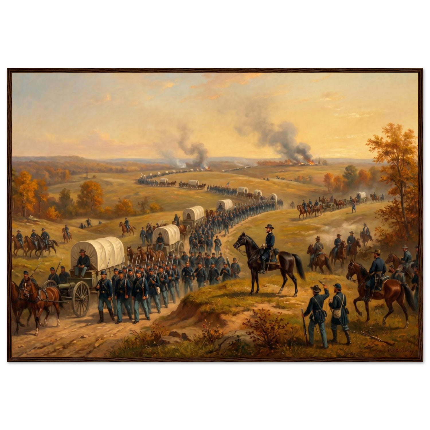 Framed panoramic art print of a Civil War cavalry and wagon column marching at sunset, in a solid wood frame.