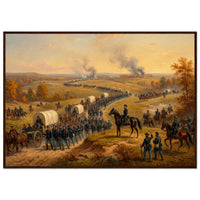 Framed panoramic art print of a Civil War cavalry and wagon column marching at sunset, in a solid wood frame.