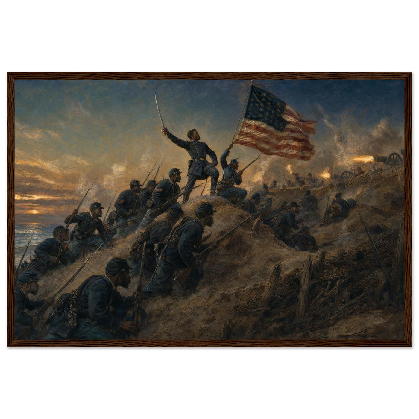 Framed panoramic art print of soldiers advancing through smoke and fire on the battlefield, in a solid wood frame.