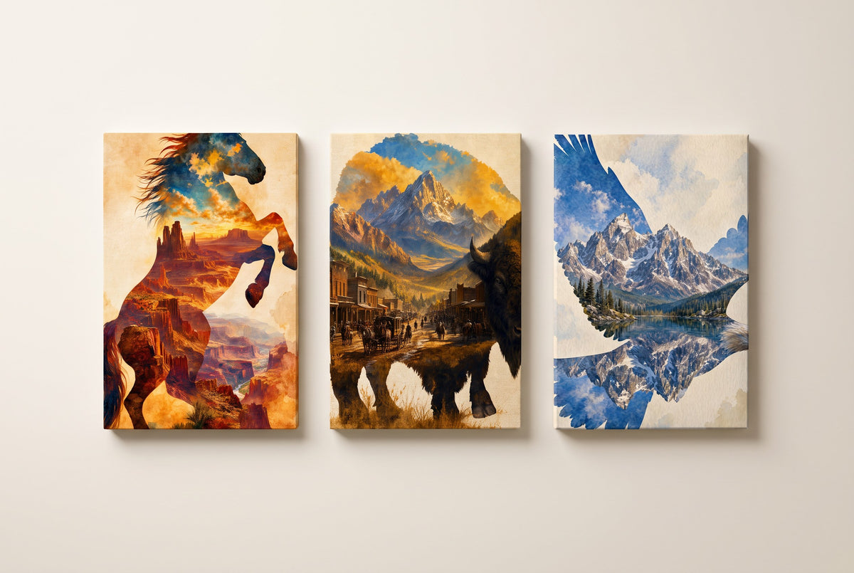 American Landscapes set of three gallery-wrapped canvases displayed as a gallery wall