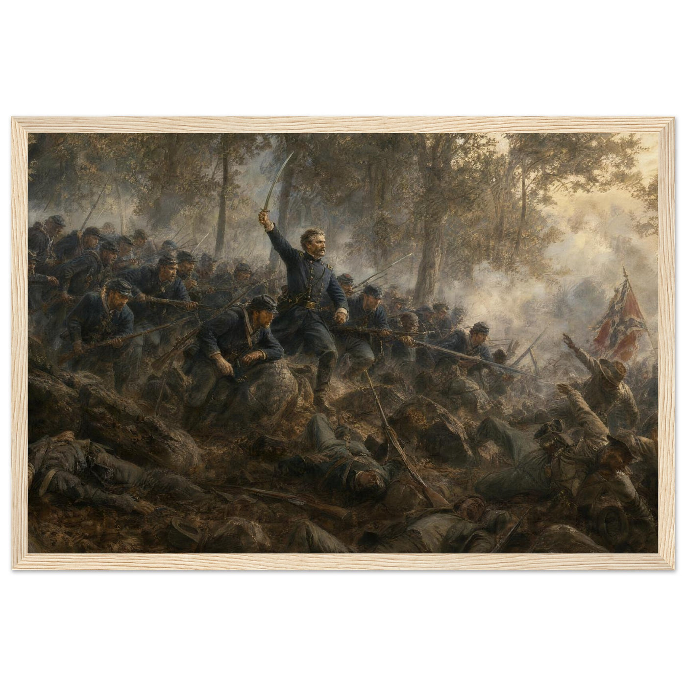 Framed art print of Union infantry charging up a rocky ridge with the colors flying, in a solid wood frame.