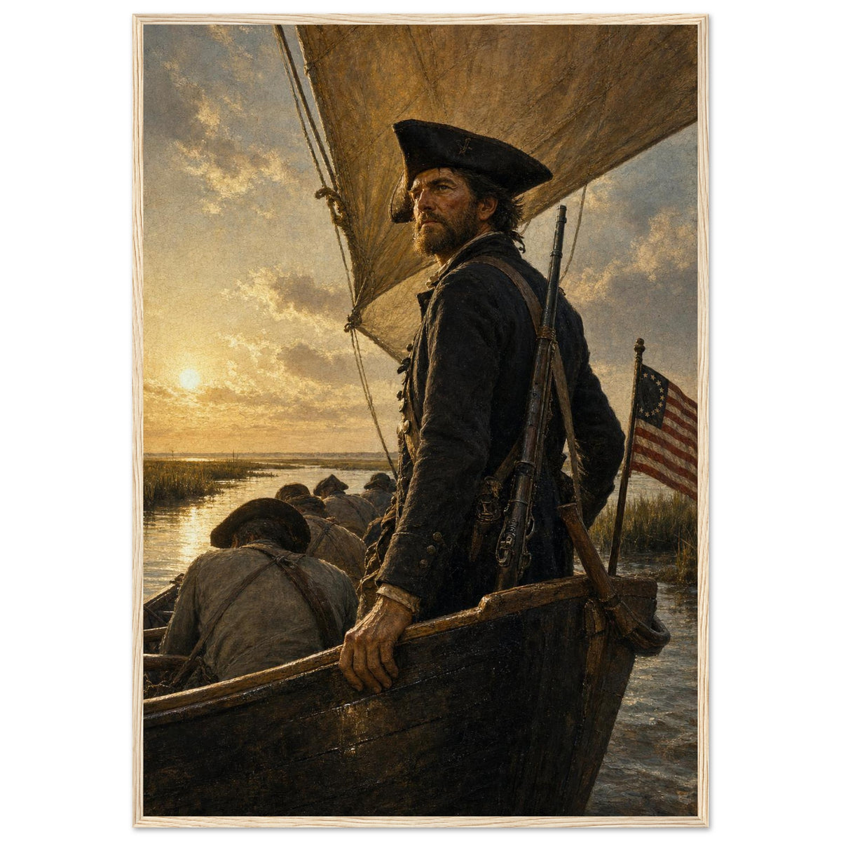 Joshua Huddy and the Black Snake — framed fine art print of a militia captain in a gunboat, 12x18″ in a natural wood frame