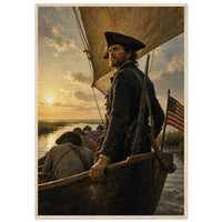 Joshua Huddy and the Black Snake — framed fine art print of a militia captain in a gunboat, 12x18″ in a natural wood frame