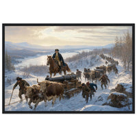 Framed art print of Civil War soldiers and wagons marching through deep snow, in a solid wood frame.