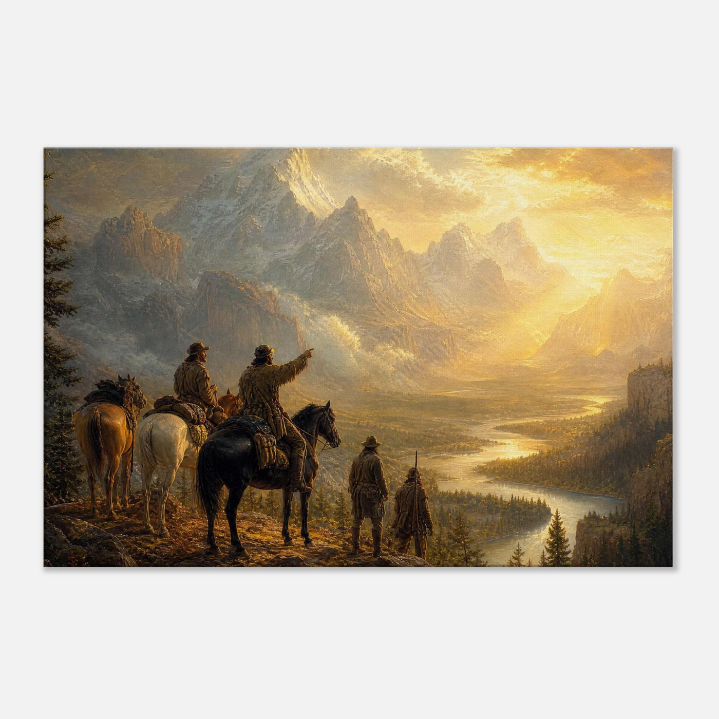 Canvas print of pioneers overlooking a sunset vista — room view, ready to hang.