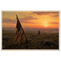 Framed art print of a Confederate flag-bearer silhouetted against a fiery sunset over a battlefield of the fallen, in a solid wood frame.