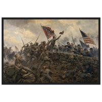 Framed art print of the hand-to-hand melee at the stone wall during Pickett's Charge, Confederate battle flag raised, in a solid wood frame.