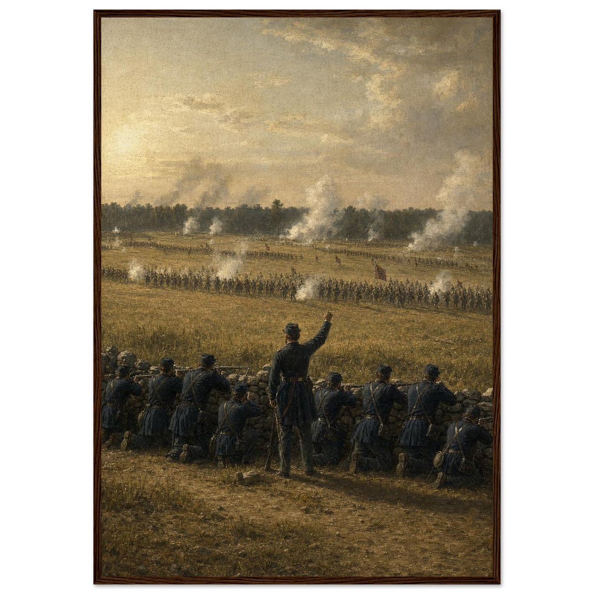 Cemetery Ridge, 1863 — framed fine art print of Union soldiers at a stone wall, Gettysburg, 12x18″ in a dark wood frame