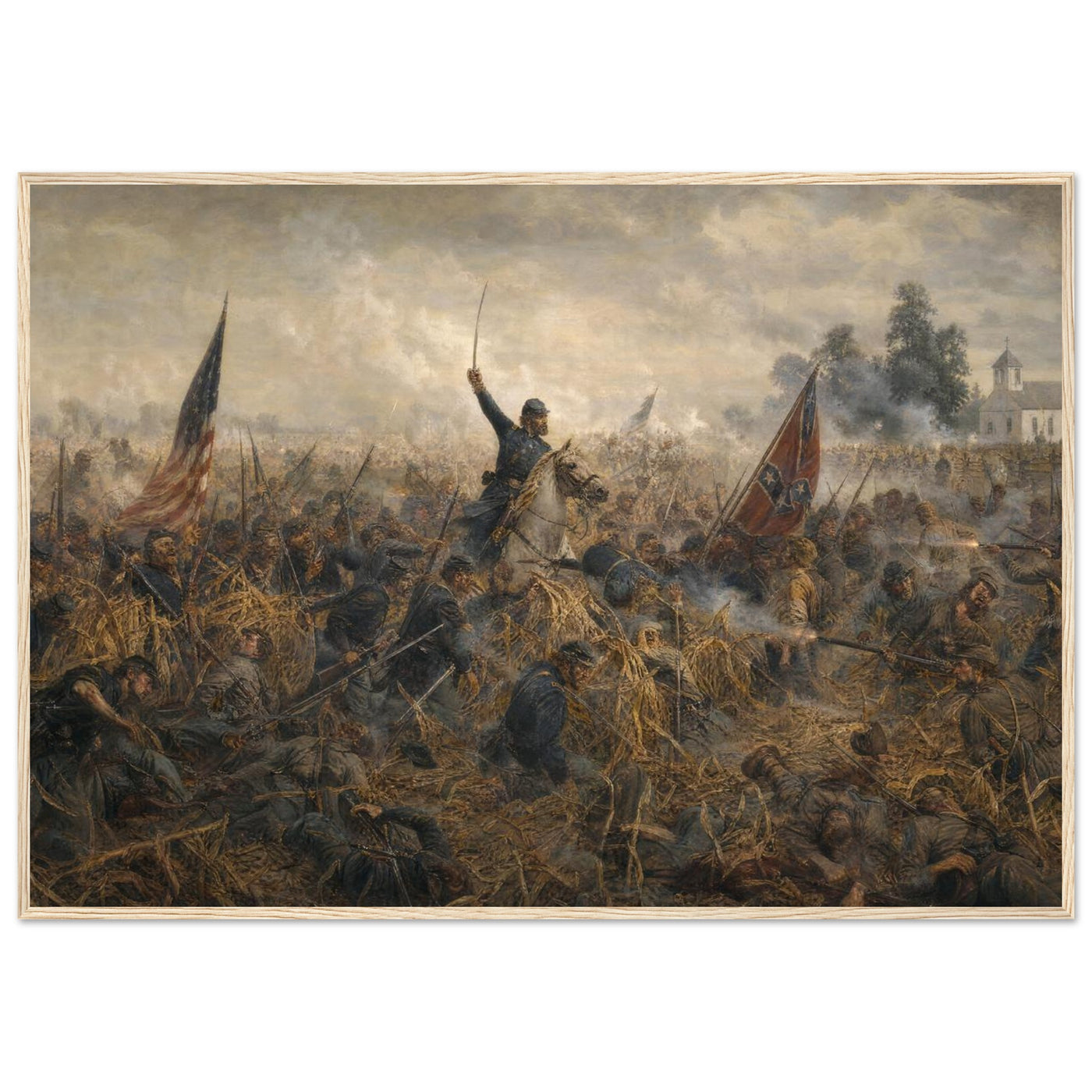 Framed panoramic art print of the Battle of Antietam, in a solid wood frame.