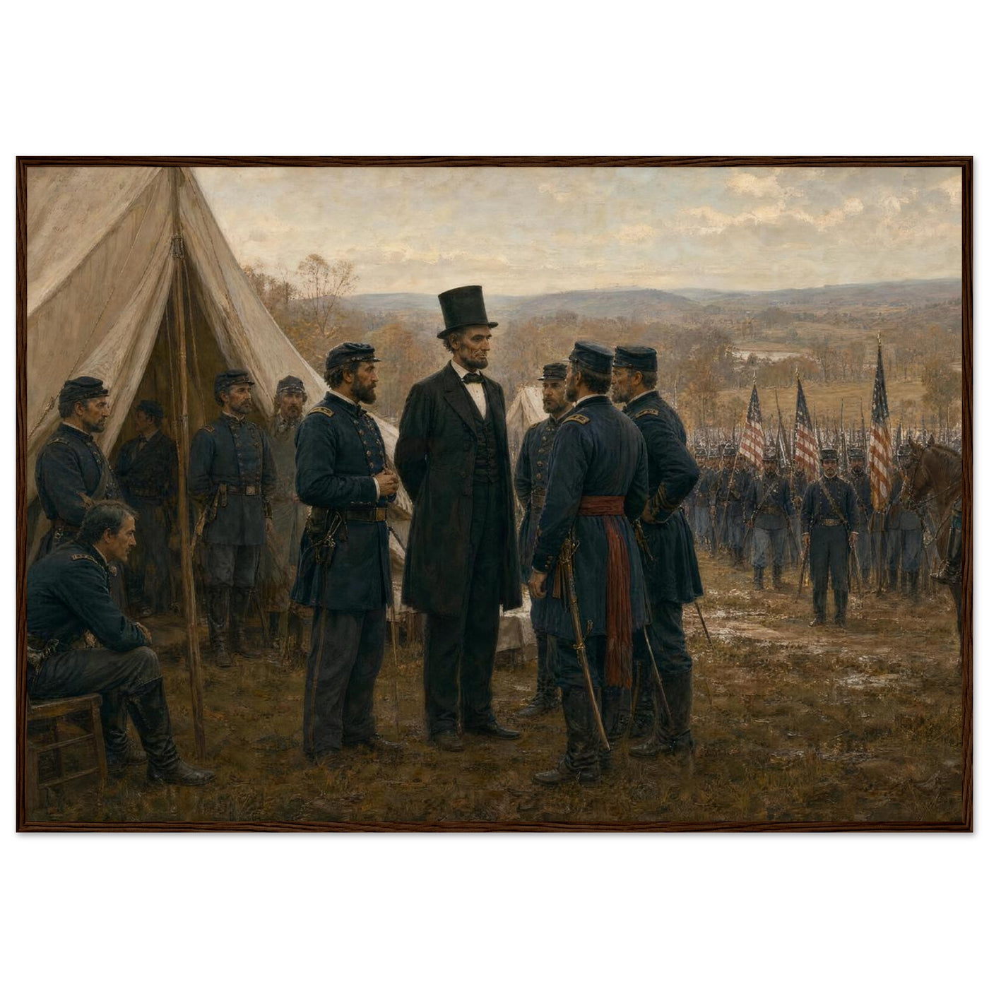 Framed art print of a Union army encampment with tents and officers at Antietam, in a solid wood frame.