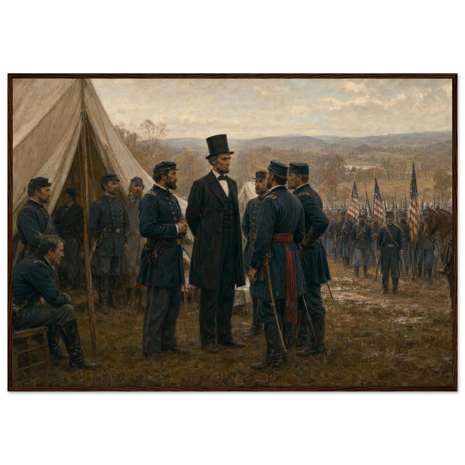 Framed art print of a Union army encampment with tents and officers at Antietam, in a solid wood frame.