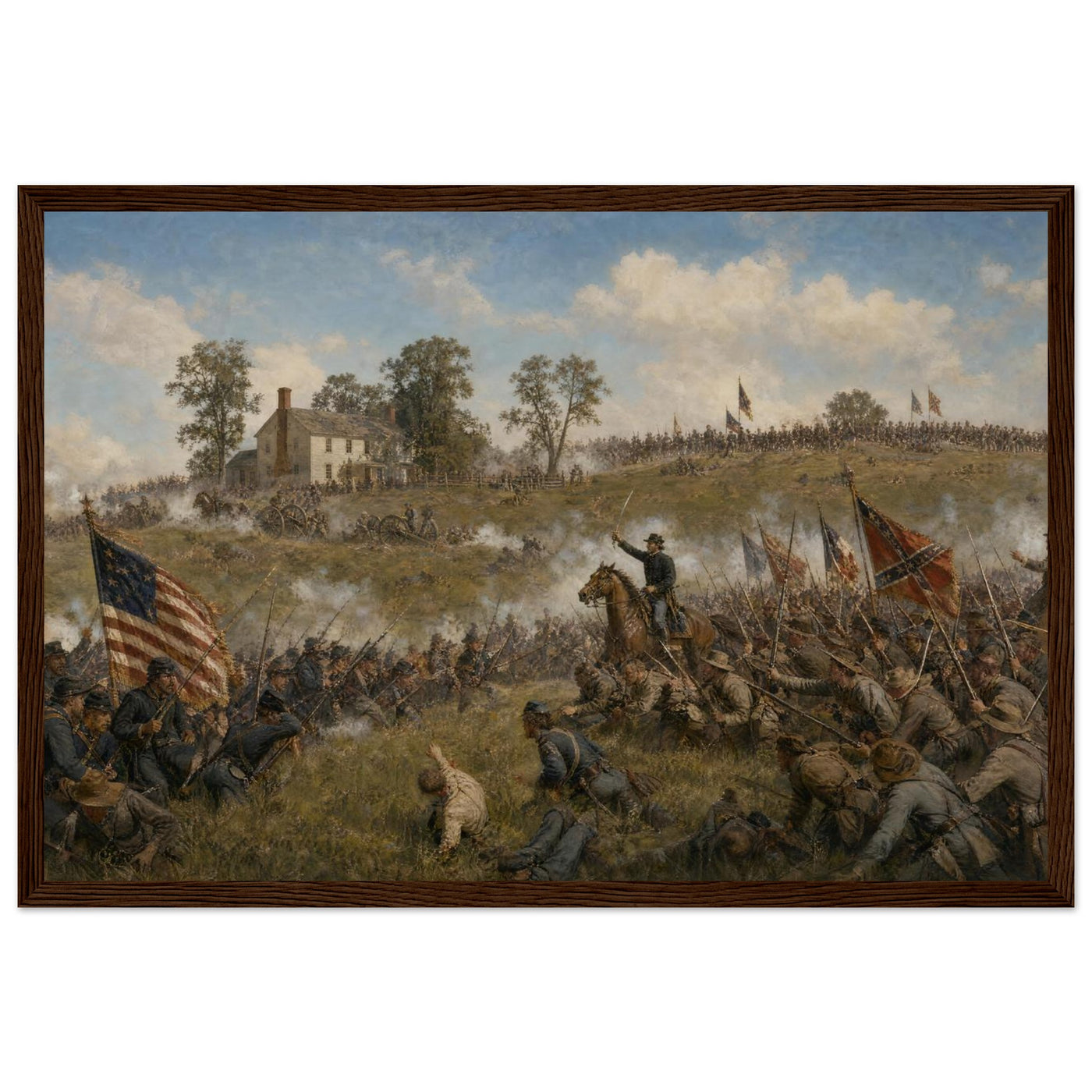 Framed panoramic art print of Confederate troops advancing across the open field during Pickett's Charge at Gettysburg, in a solid wood frame.