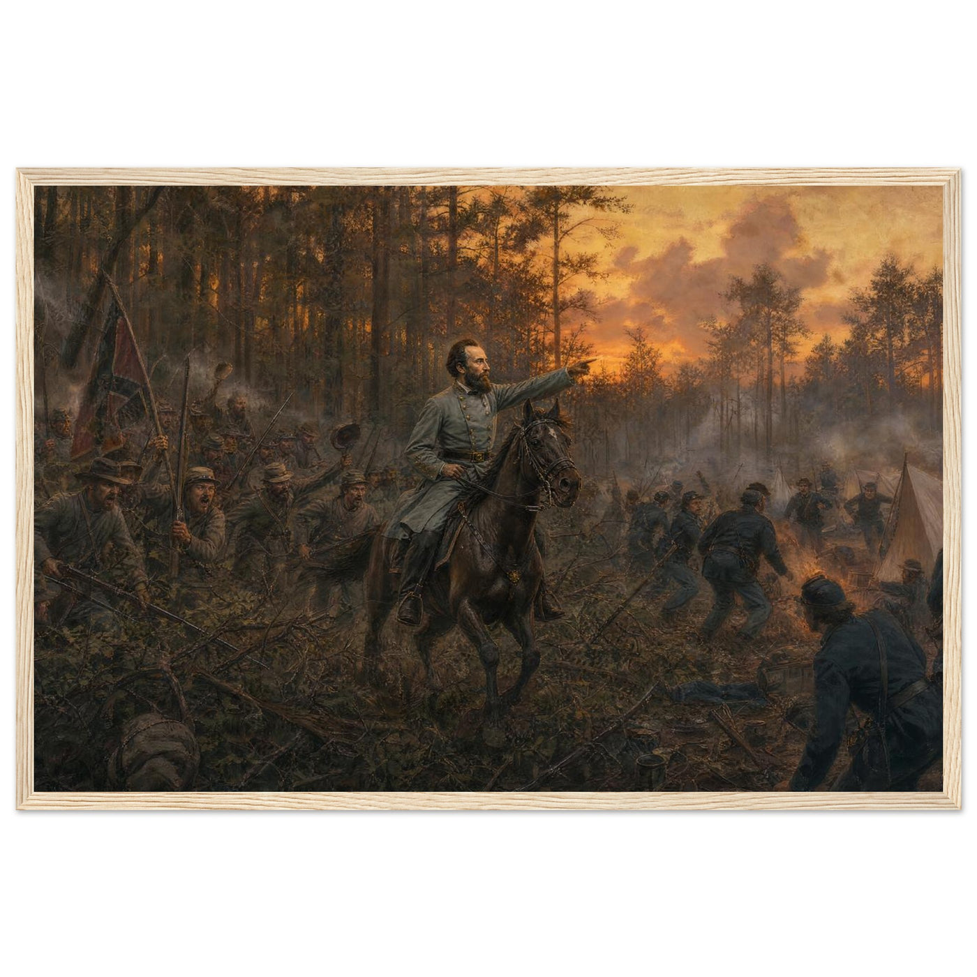 Framed art print of a mounted Civil War officer leading a charge through darkening woods at twilight, in a solid wood frame.
