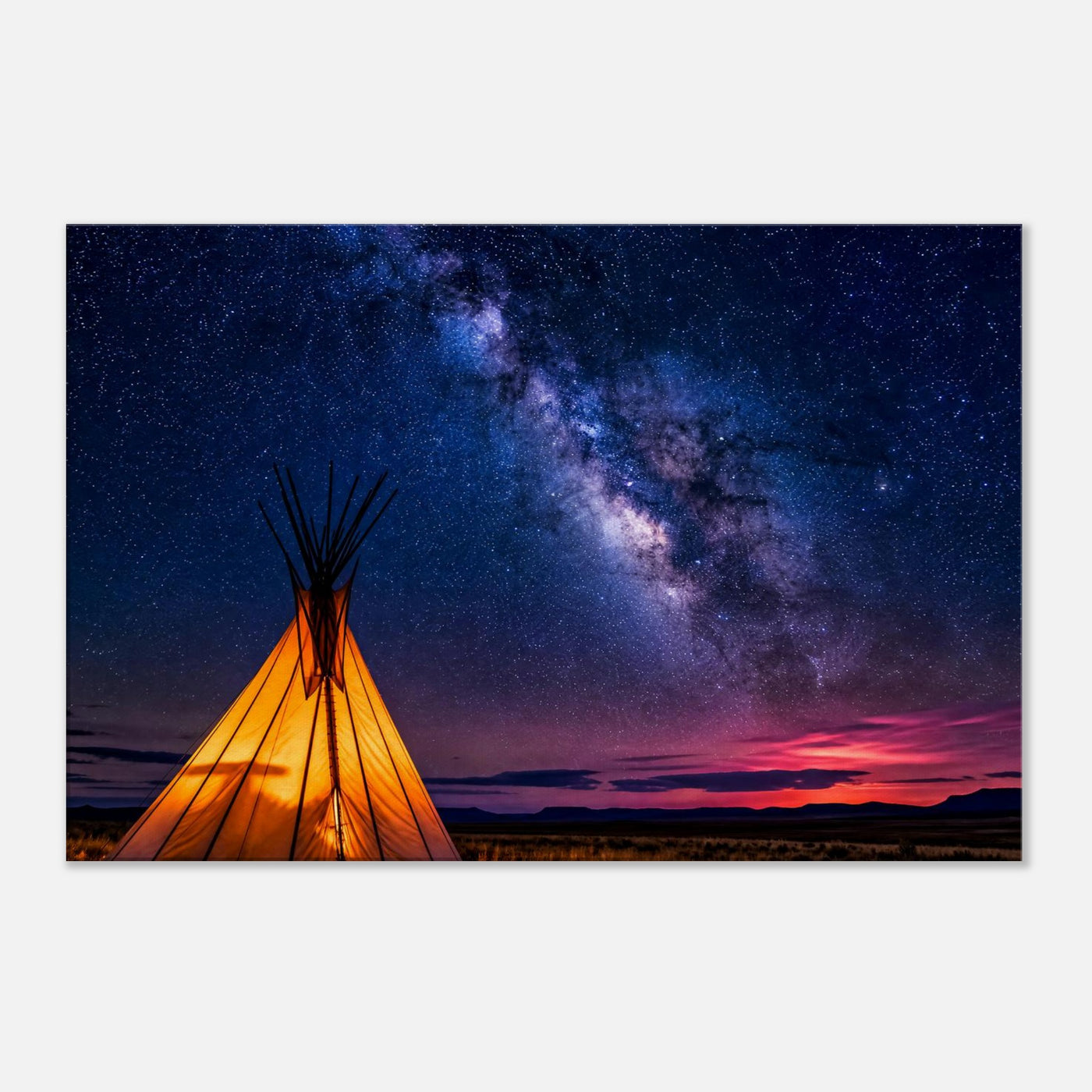 Canvas print of a teepee beneath a starlit sky — room view, ready to hang.