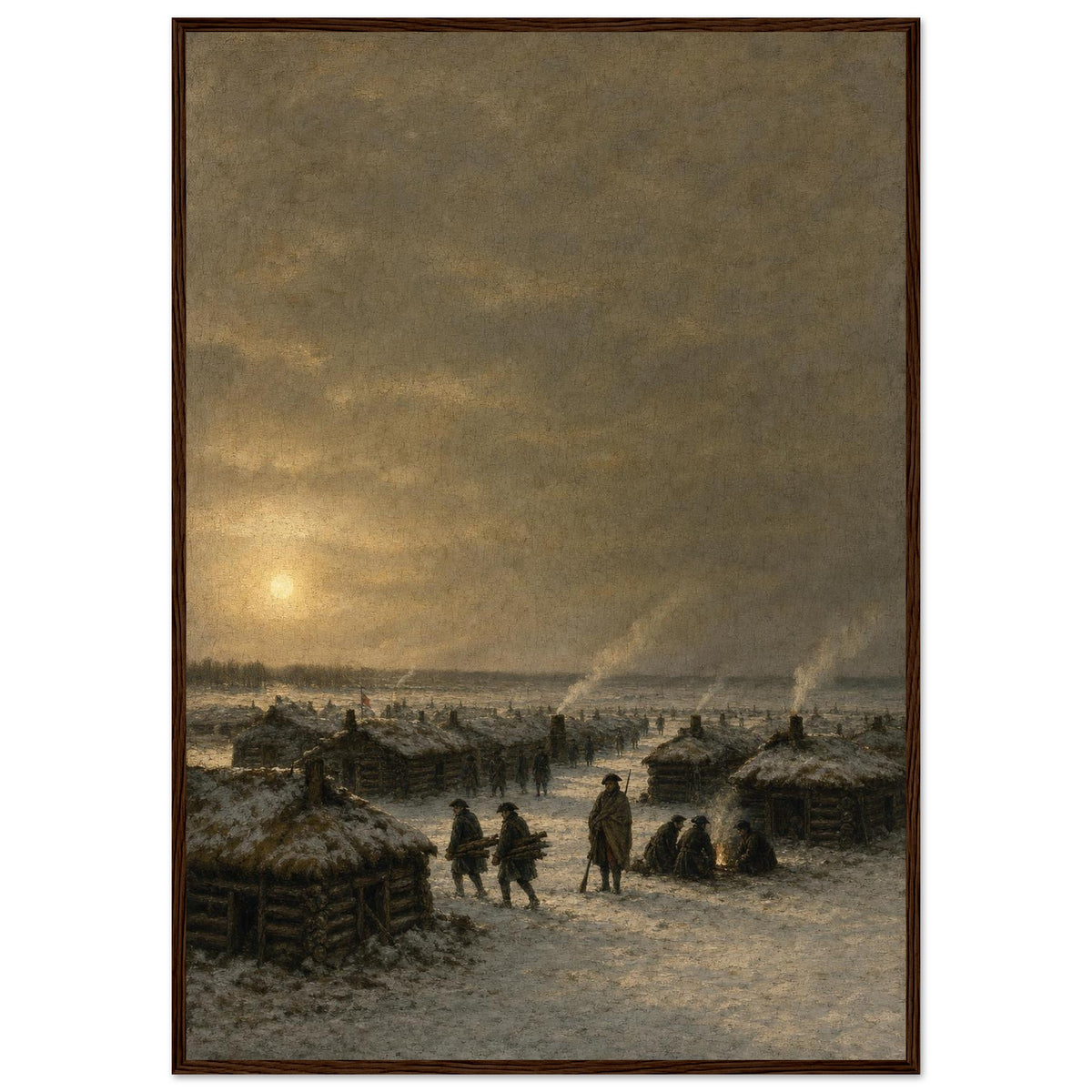The Hut City at Valley Forge — framed fine art print of snowbound log huts and a campfire, 12x18″ in a dark wood frame