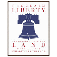 Proclaim Liberty — framed fine art print of the Liberty Bell in navy with red inscription, 12x16″ in a dark wood frame