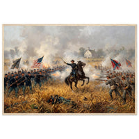 Framed art print of cavalry and infantry clashing amid smoke and flags at the Battle of Antietam, in a solid wood frame.