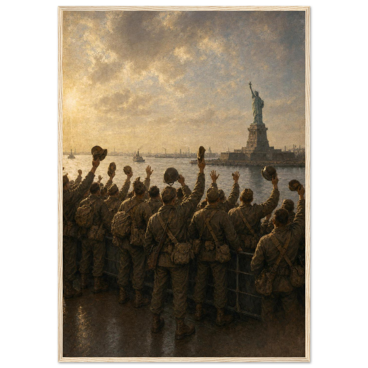 Into New York Harbor — framed fine art print of troops waving at the Statue of Liberty, 12x18″ in a natural wood frame