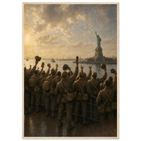 Into New York Harbor — framed fine art print of troops waving at the Statue of Liberty, 12x18″ in a natural wood frame