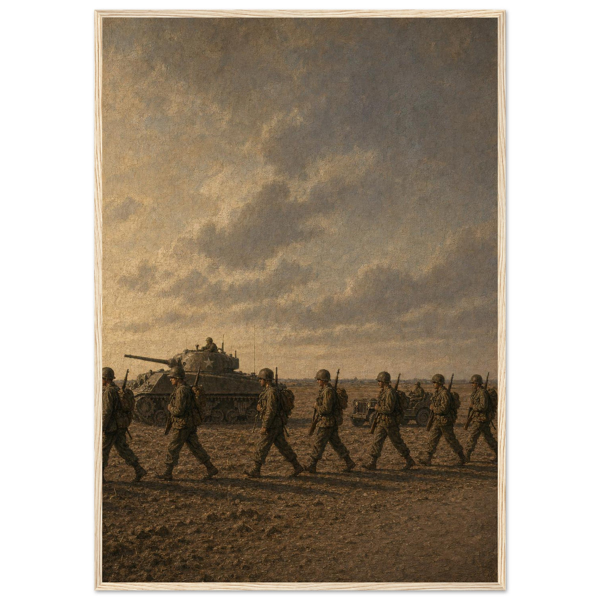 By Land — framed fine art print of an infantry column marching past a Sherman tank, 28x40″ in a natural wood frame