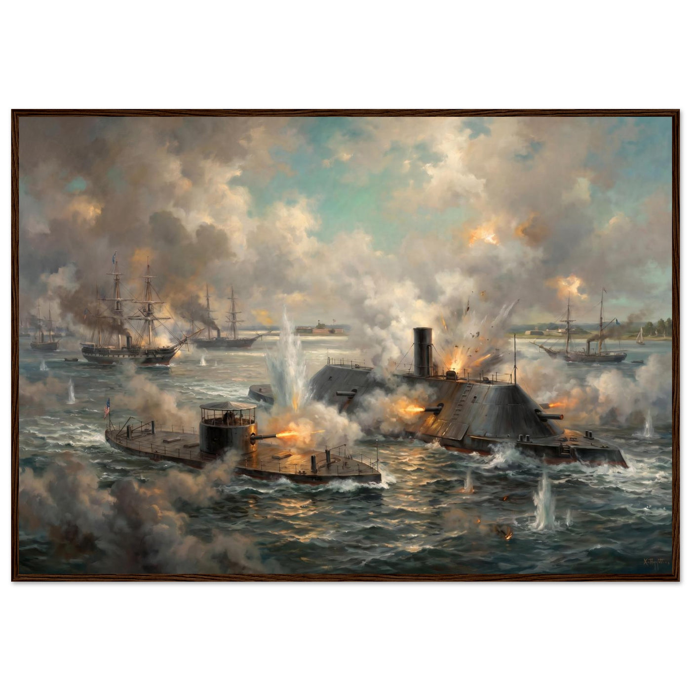 Wooden framed print of the Monitor and Virginia — room view, ready to hang.