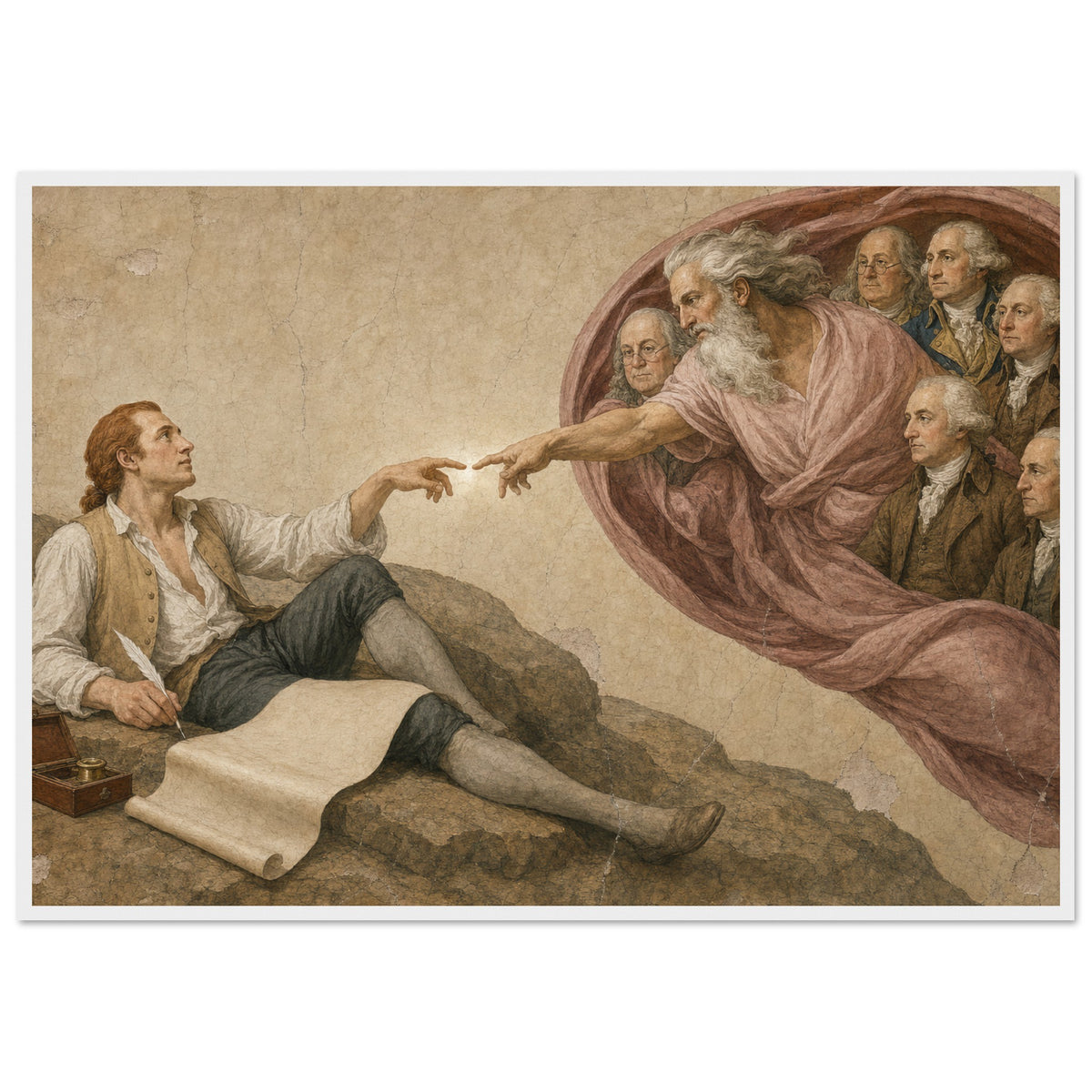 The Creation of a Nation framed print, Jefferson reaching toward the founders, in a white frame