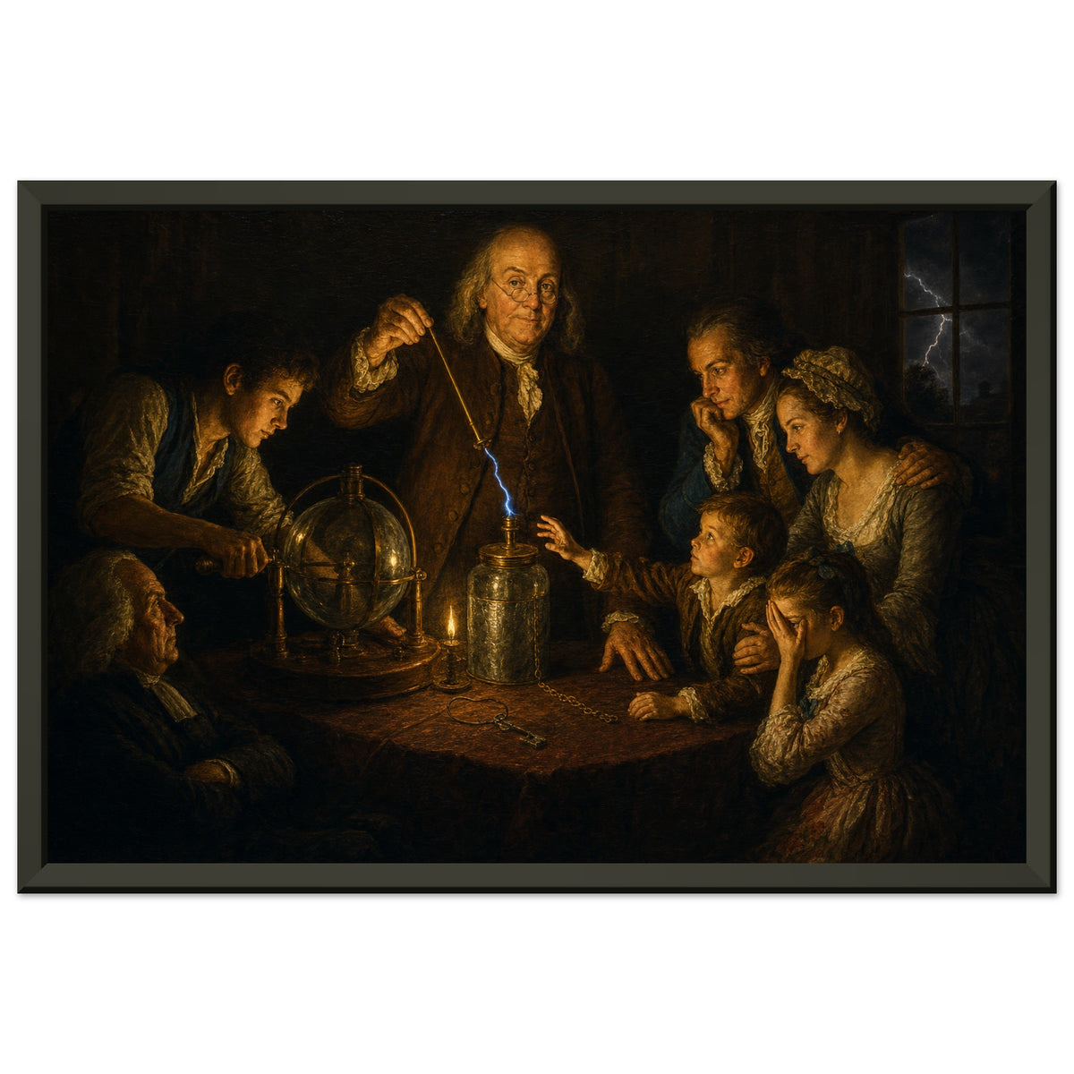 An Experiment on Electricity — framed fine art print of Benjamin Franklin drawing a spark from a Leyden jar for a family by candlelight, in a black frame
