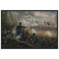 Framed art print of Union soldiers firing from a skirmish line amid drifting gun smoke, in a solid wood frame.