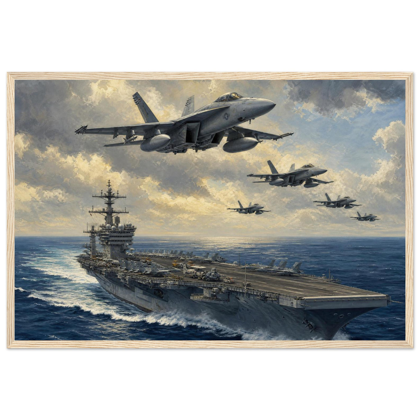 Wooden framed print of a U.S. Navy supercarrier — room view, ready to hang.