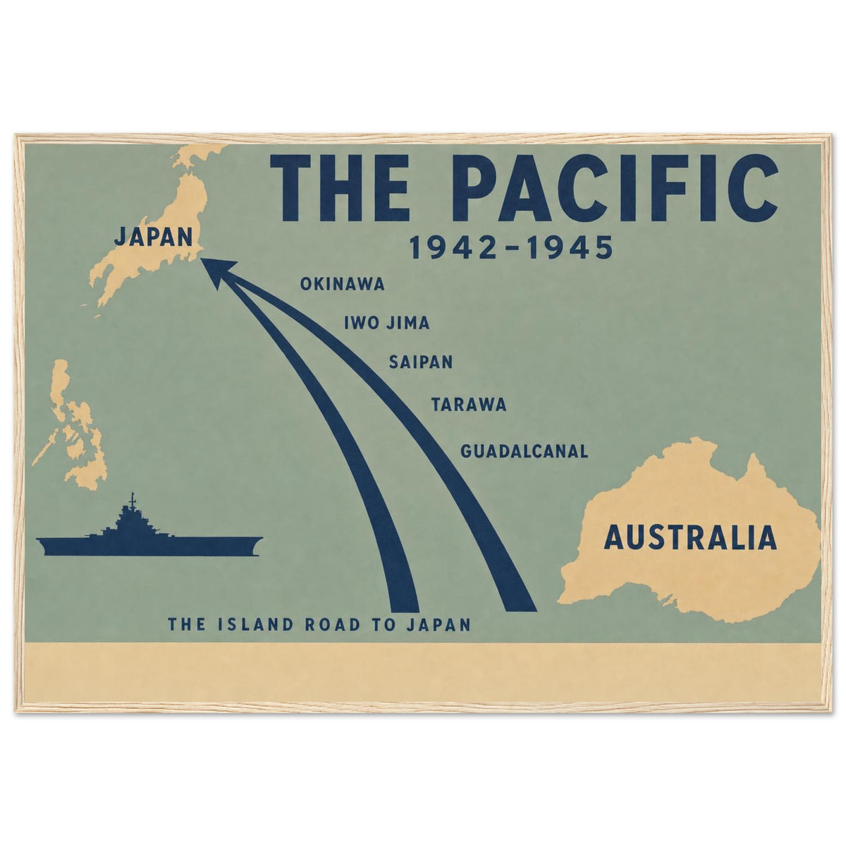 The Pacific — Minimalist — framed poster print of the island route from Australia to Japan, 12x18″ in a natural wood frame