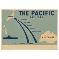 The Pacific — Minimalist — framed poster print of the island route from Australia to Japan, 12x18″ in a natural wood frame