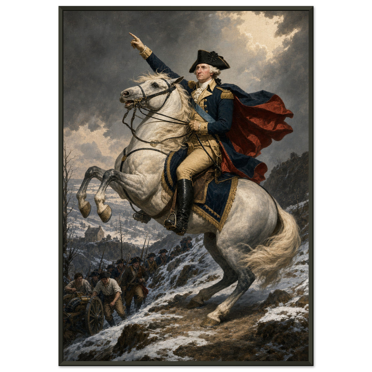 Onward to Princeton — framed fine art print of Washington on a rearing white horse pointing up a snowy ridge above his troops, in a black frame