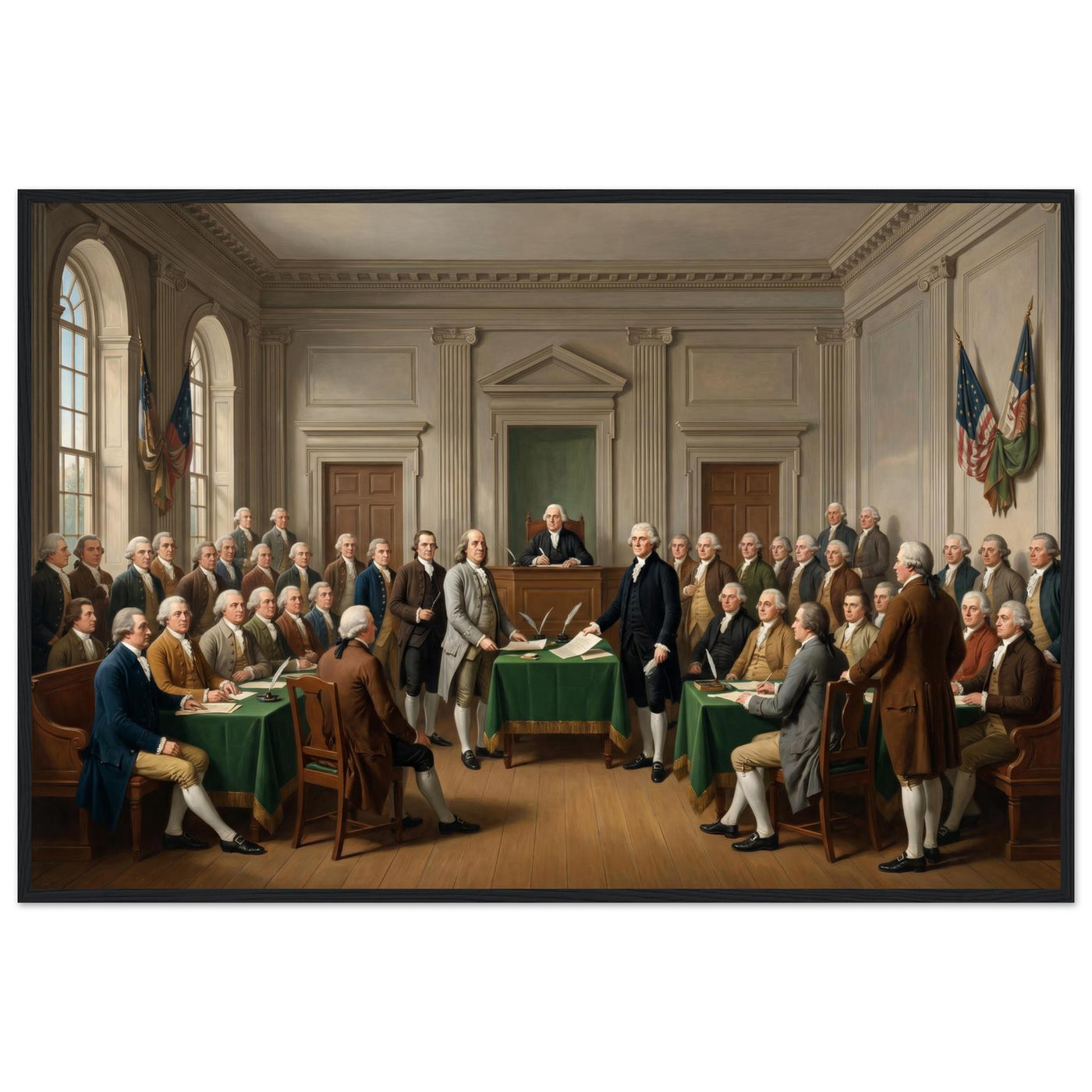 Wooden framed print of the signing of the Declaration — room view, ready to hang.