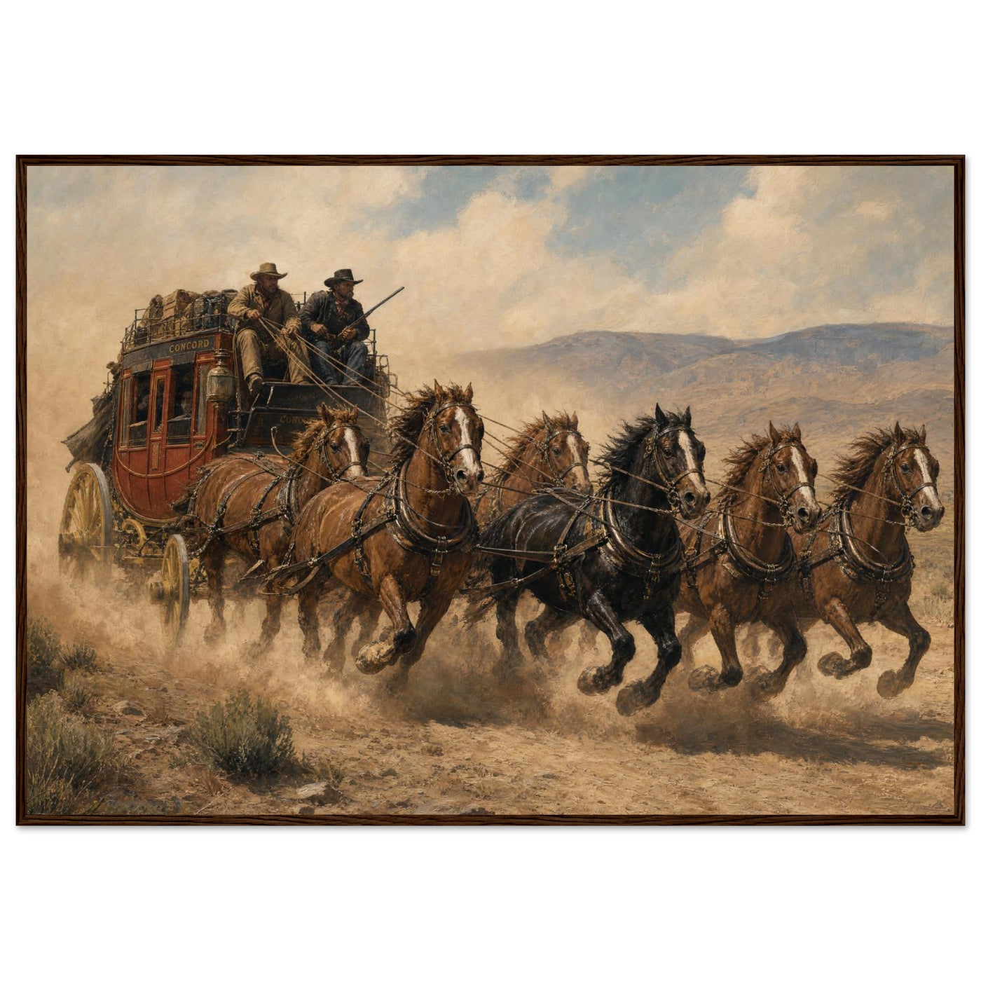 Wooden framed print of a Wild West stagecoach — room view, ready to hang.