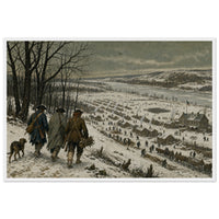Winter at Valley Forge — framed fine art print of three soldiers and a dog on a snowy ridge looking down on the log huts of Valley Forge, in a white frame