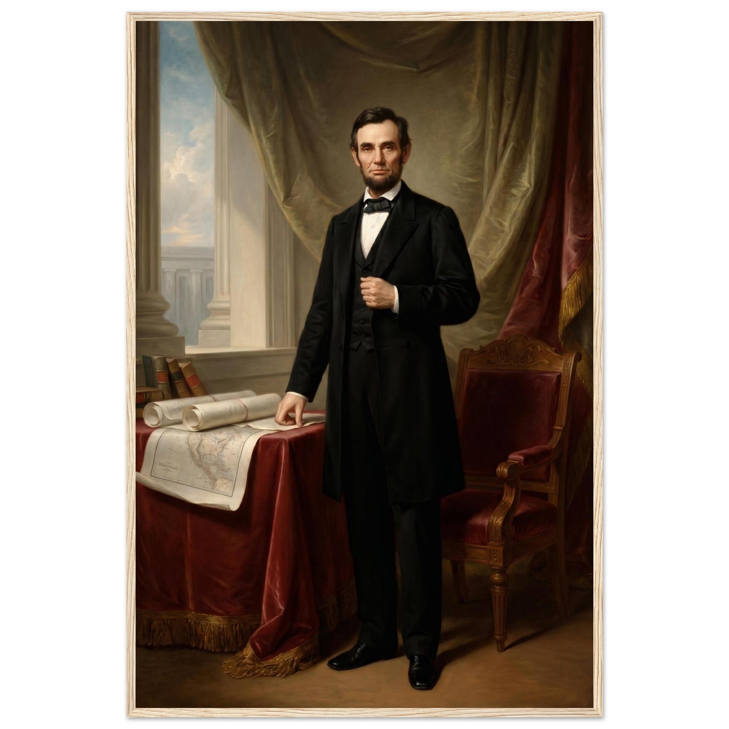 Framed standing portrait of President Abraham Lincoln, ready to hang.