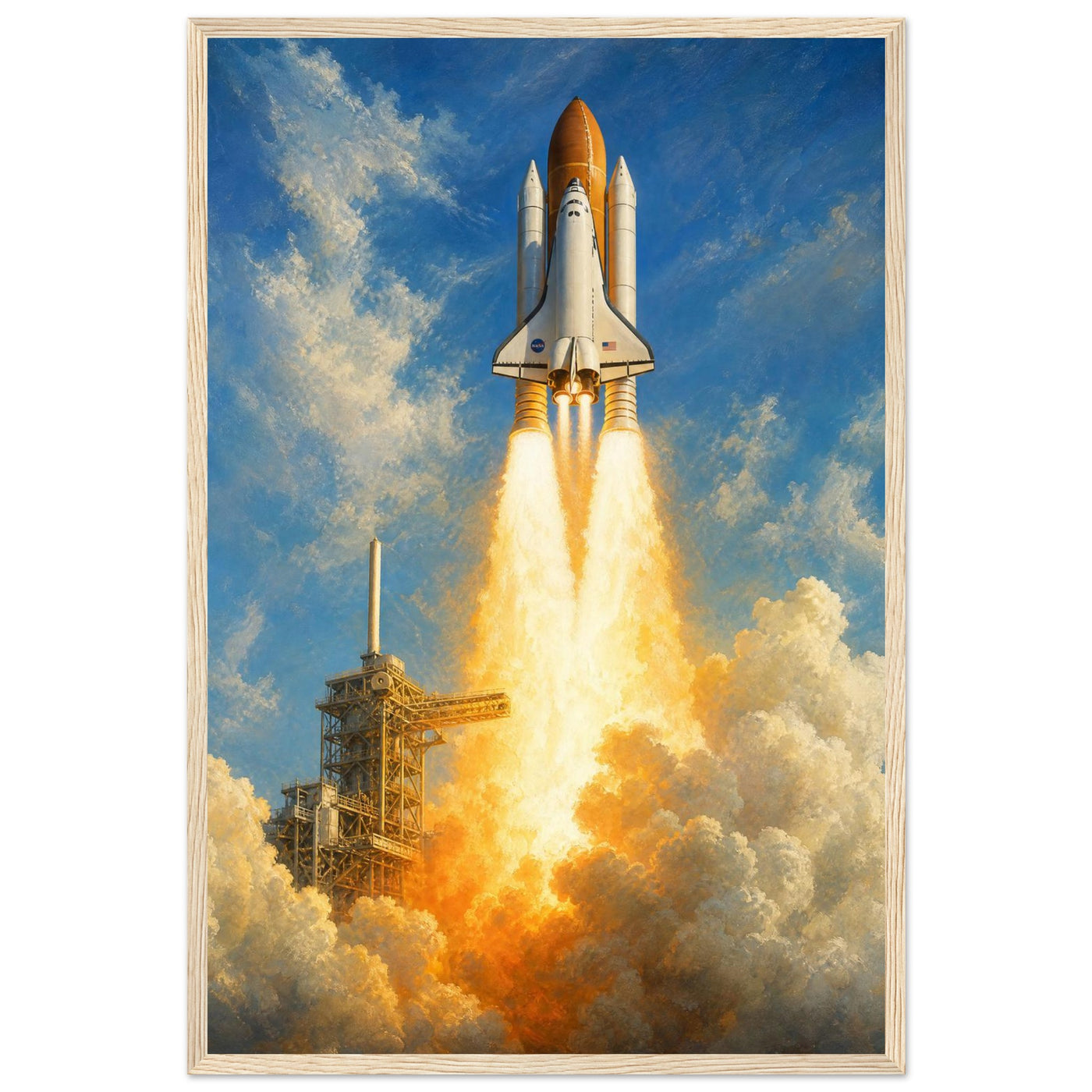 Wooden framed print of a Space Shuttle launch — room view, ready to hang.