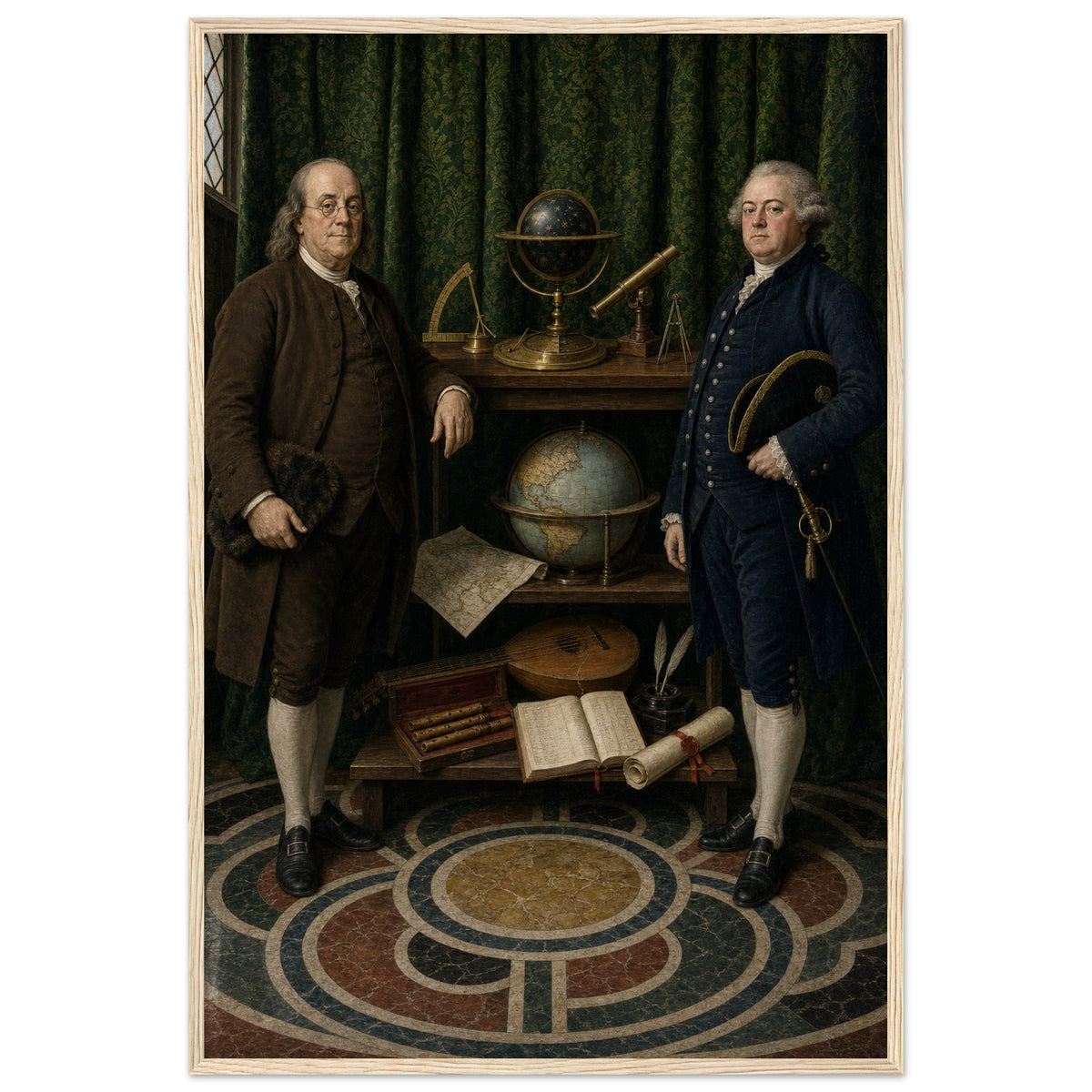 The Ambassadors — framed fine art print of Franklin and Adams standing either side of shelves of globes and instruments, in a natural wood frame