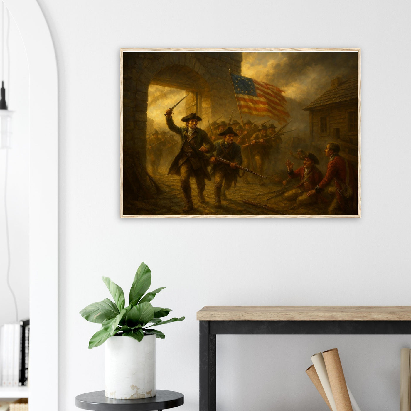 Framed print of the capture of Fort Ticonderoga, ready to hang.