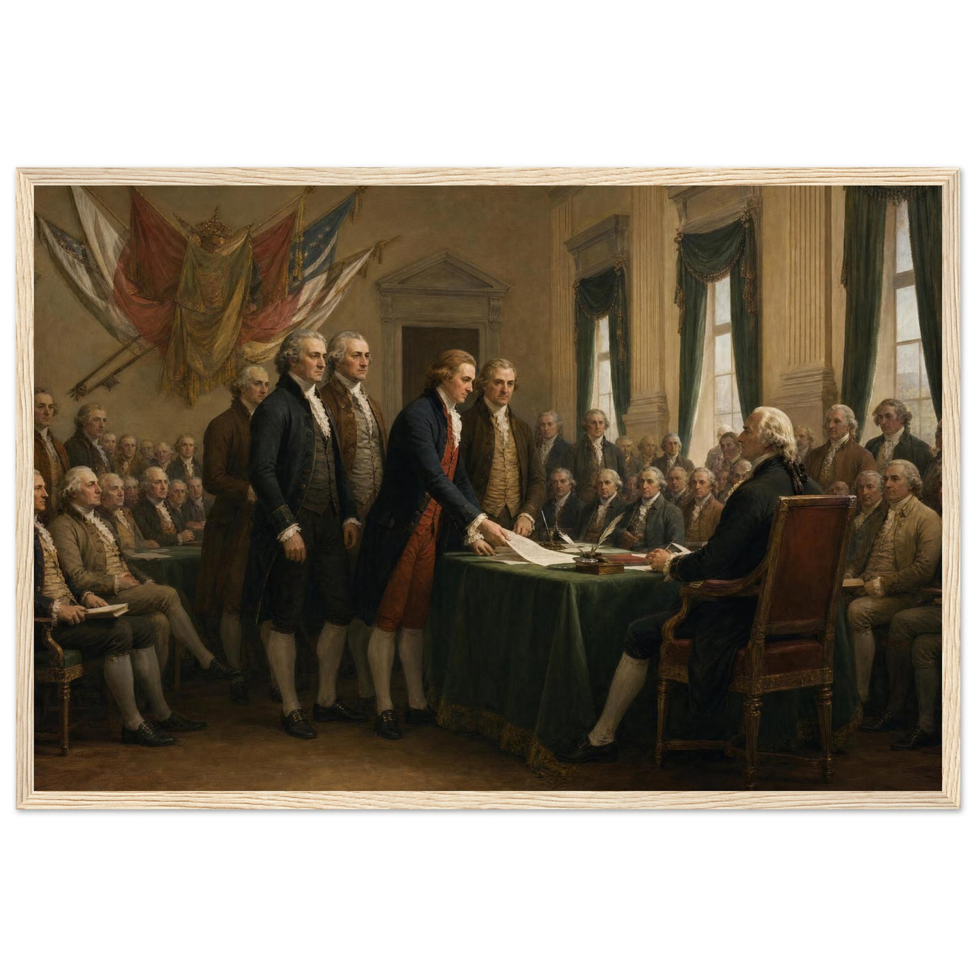 Wooden framed print of the signing of the Declaration — room view, ready to hang.