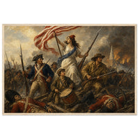 Liberty Leads the Line — framed fine art print of Liberty in a red cap carrying the flag over a battlefield with a drummer boy at her feet, in a natural wood frame