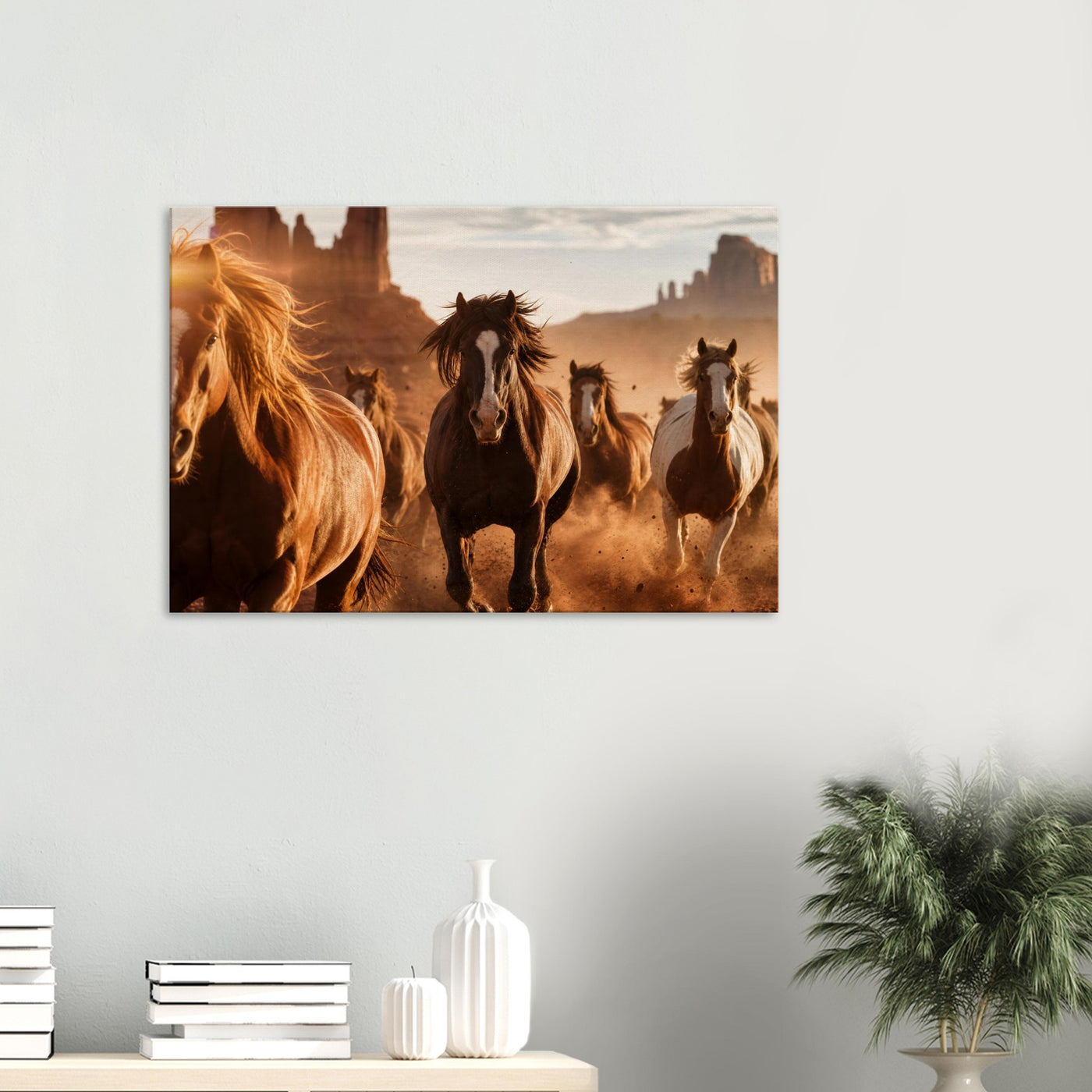 Canvas print of a wild mustang herd galloping — room view, ready to hang.