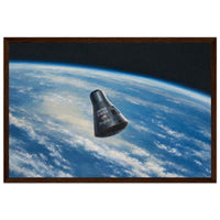 Framed panoramic art print of the Friendship 7 capsule orbiting Earth against the black of space, in a solid wood frame.