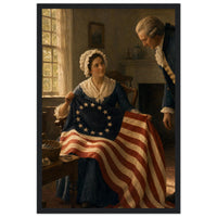 Framed print of Betsy Ross sewing the first American flag, ready to hang.