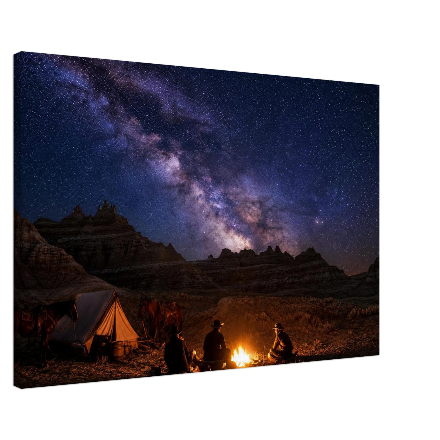 Canvas print of a campfire beneath the Milky Way, ready to hang.