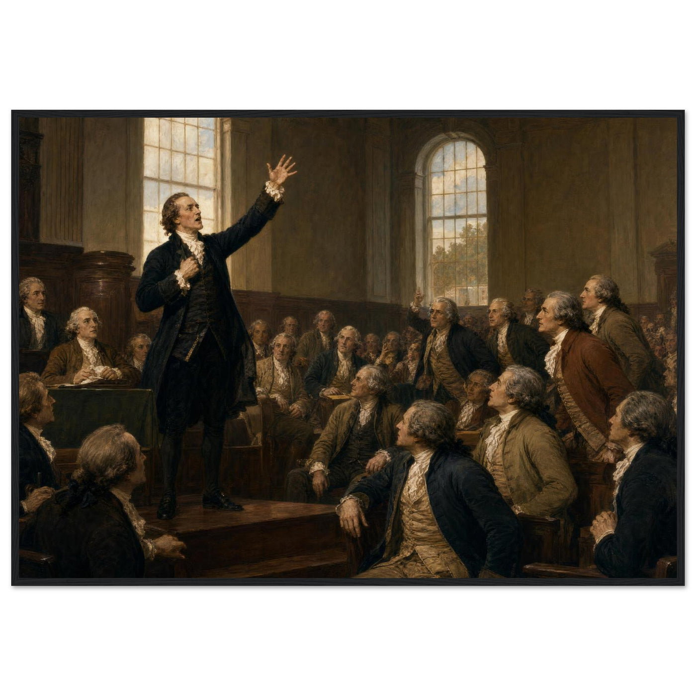 Framed art print of an impassioned orator with raised arm addressing a seated assembly, in a solid wood frame.
