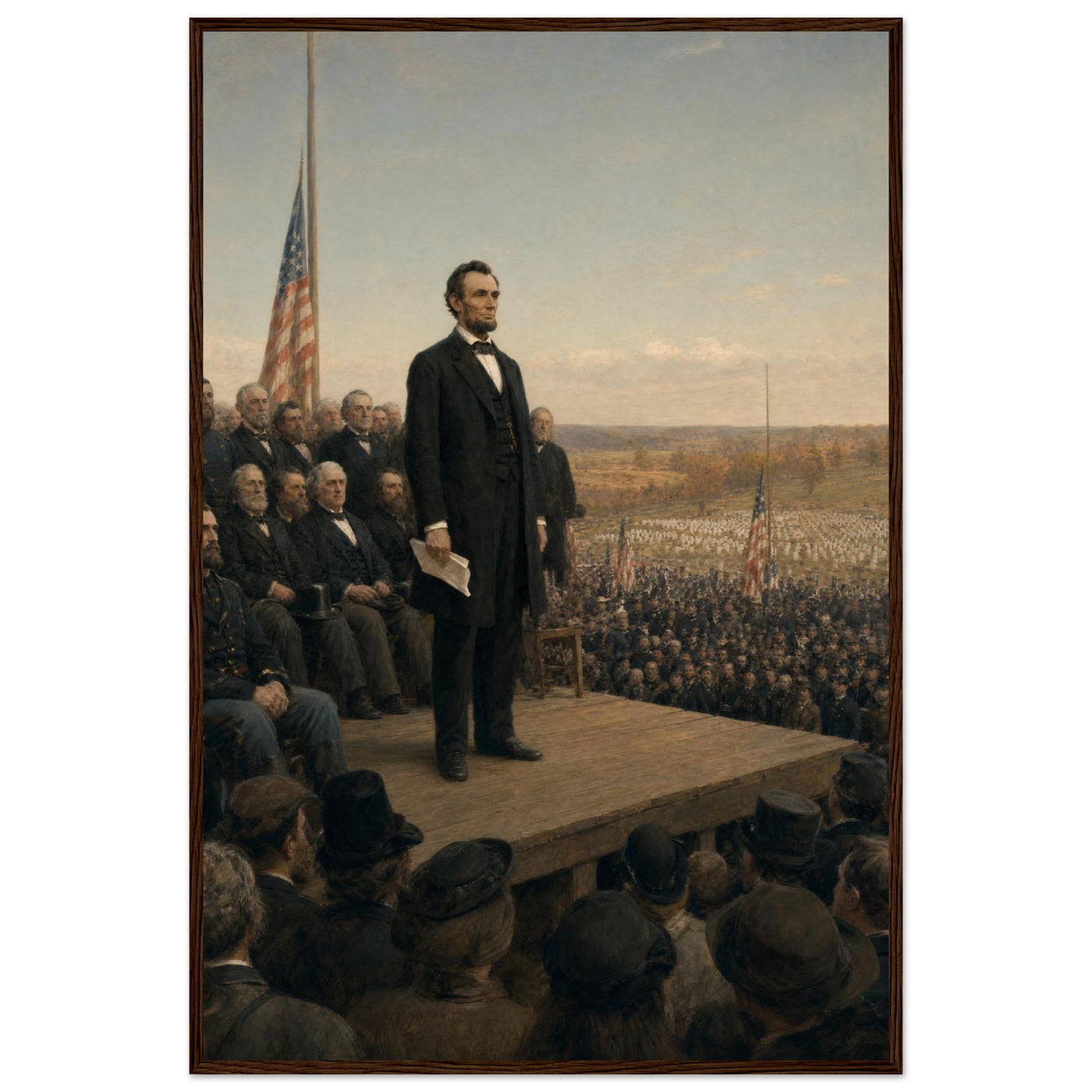 Framed art print of President Lincoln delivering the Gettysburg Address before a vast crowd, in a solid wood frame.