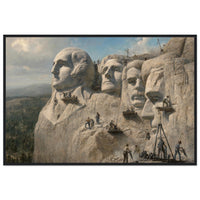 Framed panoramic art print of workers carving the presidential faces of Mount Rushmore, in a solid wood frame.